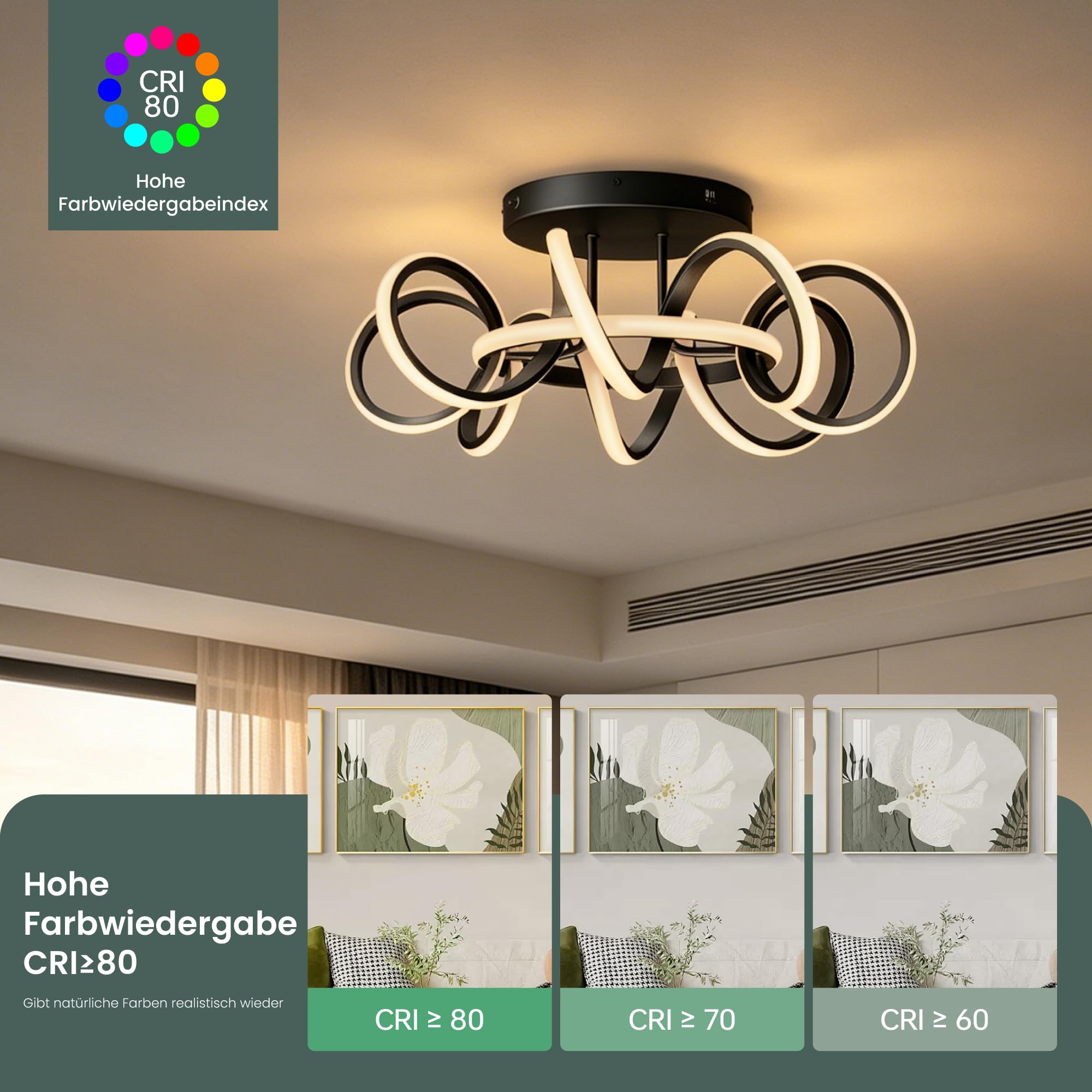 Deckenlampe 58cm, dimmbar, LED Deckenleuchte mit Fernbedienung | 3000-6400K, 112W Schwarz,Moderne,für Schlafzimmer, Wohnzimmer, Kinderzimmer, Nuvora06