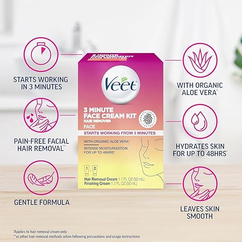 Vista 14 de Veet Crema depilatoria facial de 3 minutos para mujeres, crema depilatoria con aloe vera orgánico, kit de eliminación de vello facial de 2 piezas