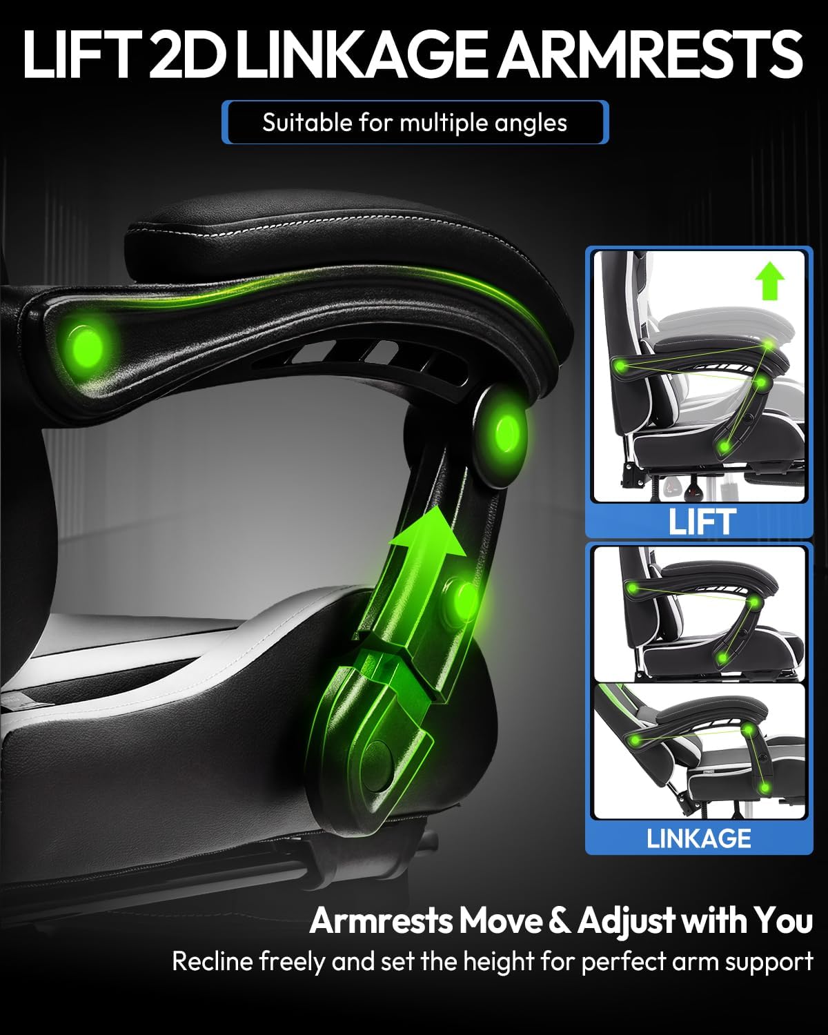 Dowinx Gaming Chair with Footrest, 330lbs Computer Chair 2D Lift Linkage Armrest, Massage Lumbar, Height Adjustable Ergonomic Comfy Video Game Chairs for Home Office Streaming, Long Gaming, White