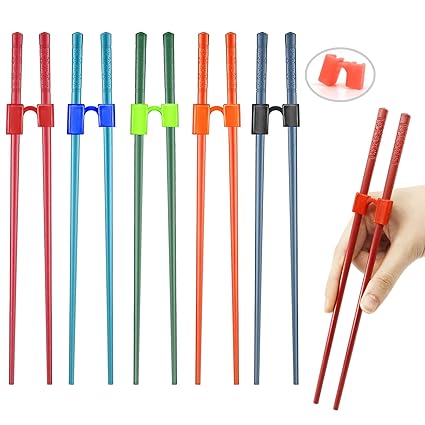 5 Pairs Chopsticks and Chop stick Helpers Set, Plastic Hinges Connector Training for Adults, Beginner, Trainers or Learner, Non-Slip Reusable and Replaceable, Dishwasher Safe (Cherry blossom)