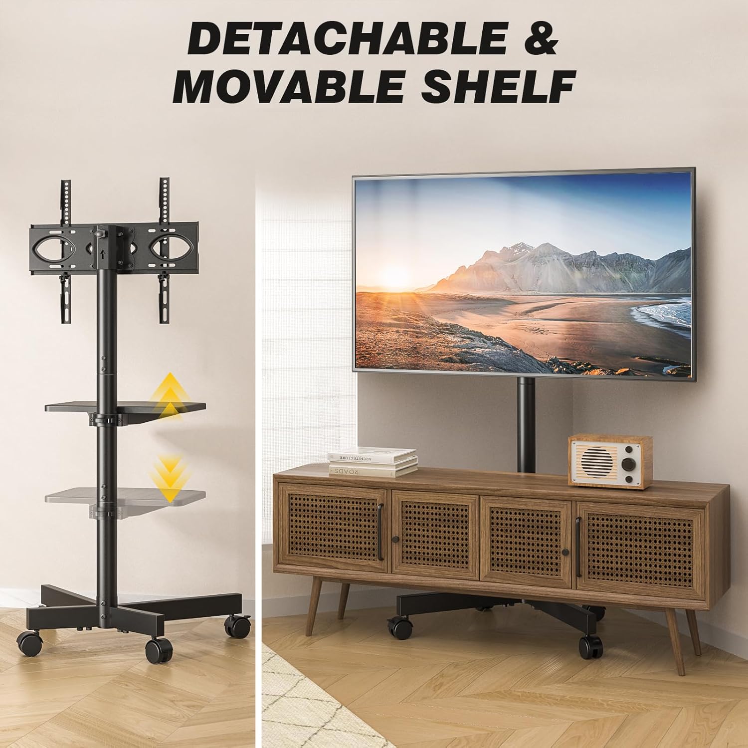 Image showing the TV stand with a detachable and movable shelf, illustrating its adjustability.