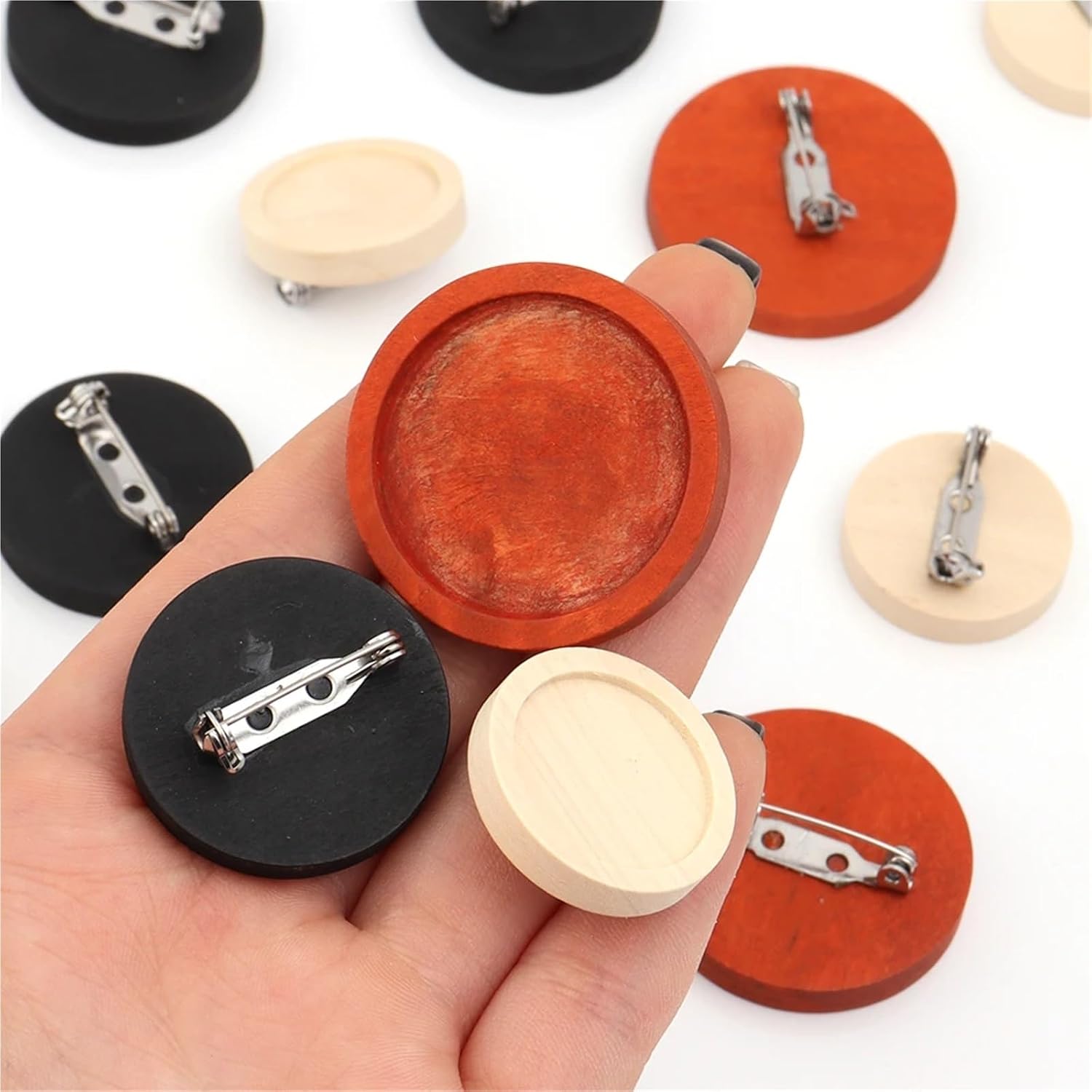 Wooden Brooch Blanks 30pcs Blank Wood Cabochon Brooch Base 20 25 30mm Dia Round Bezel Tray DIY Brooches Pin Backs for Jewelry Making(Orange Red,30mm)