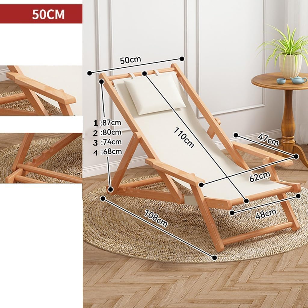 Wood Portable Reclining Beach Chair with Wood Frames and Cushioned Headrest, 4 Level Height Adjustable Reclining Chairs for Indoor Outdoor Garden, Backyard, Poolside