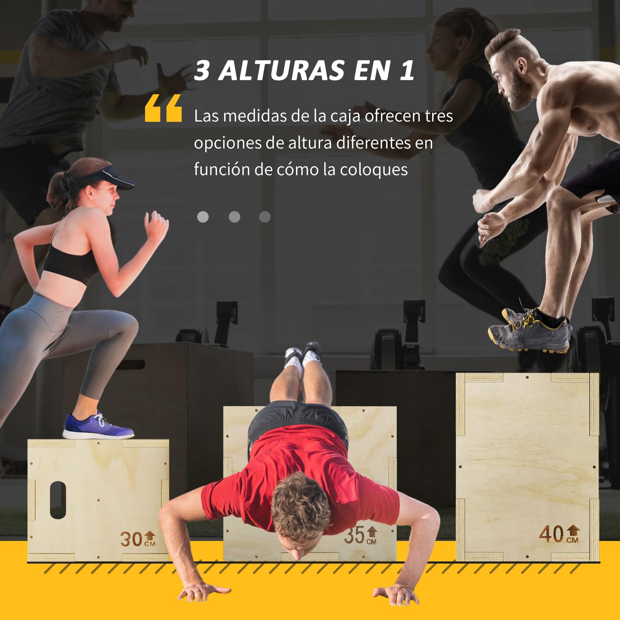 HOMCOM Cajón Pliométrico de Madera 3 en 1, Plataforma de Caja Pliométrica con 3 Alturas Diferentes, 2 Mango Hueco, Entrenamiento de Salto, Fuerza, para Casa, Gimnasio y Exterior