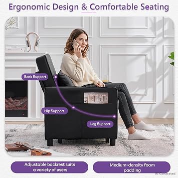 Faux Leather Convertible Sleeper Chair Bed, Single Pull Out Sofa, Black | TYBOATLE, 3-in-1, USB & Type-C Charging Ports, Cup Holders, Side Pockets, Living Room, Office, Bedroom, Dorm