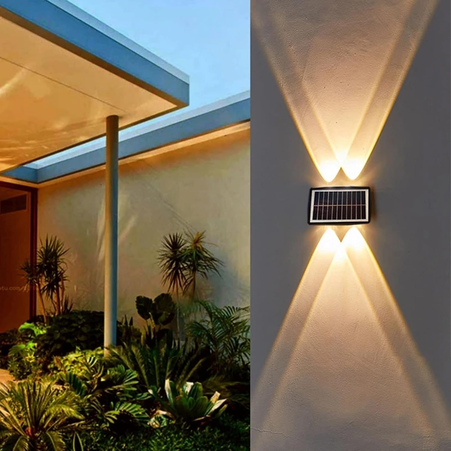 ASLIDECOR Solar Wall Lights Up Down 2 Pack, 4 Led Solar Sconce,Waterproof Deck Fence Lighting for House Outdoor Decor (Warm White&Cold White)