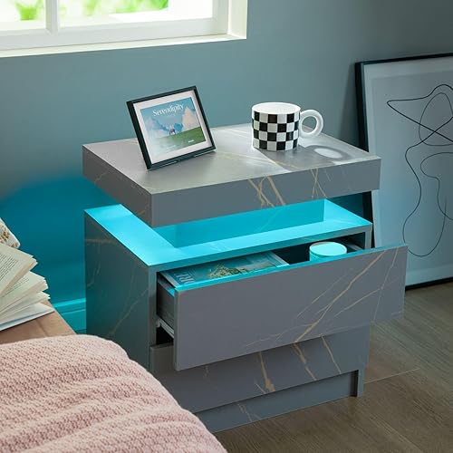 Miniatura 45 de Generic Juego de 2 Mesita de noche con 2 cajones, mesa de noche con cajones para muebles de dormitorio, mesa auxiliar con luz LED Blanco,Negro