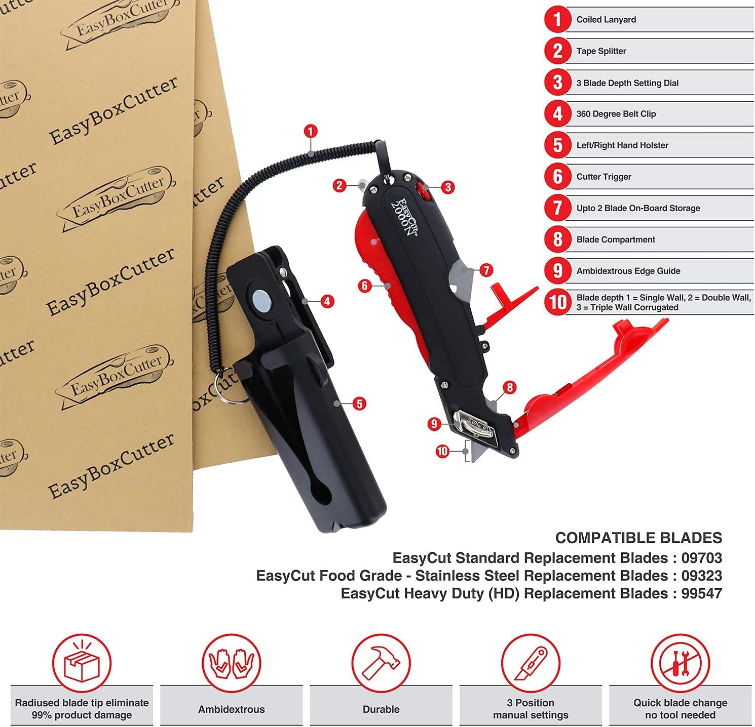 Modern Box Cutter, extra tape cutter at back, dual side edge guide, 3 blade depth setting, 2 blades and holster - Red Color 2000