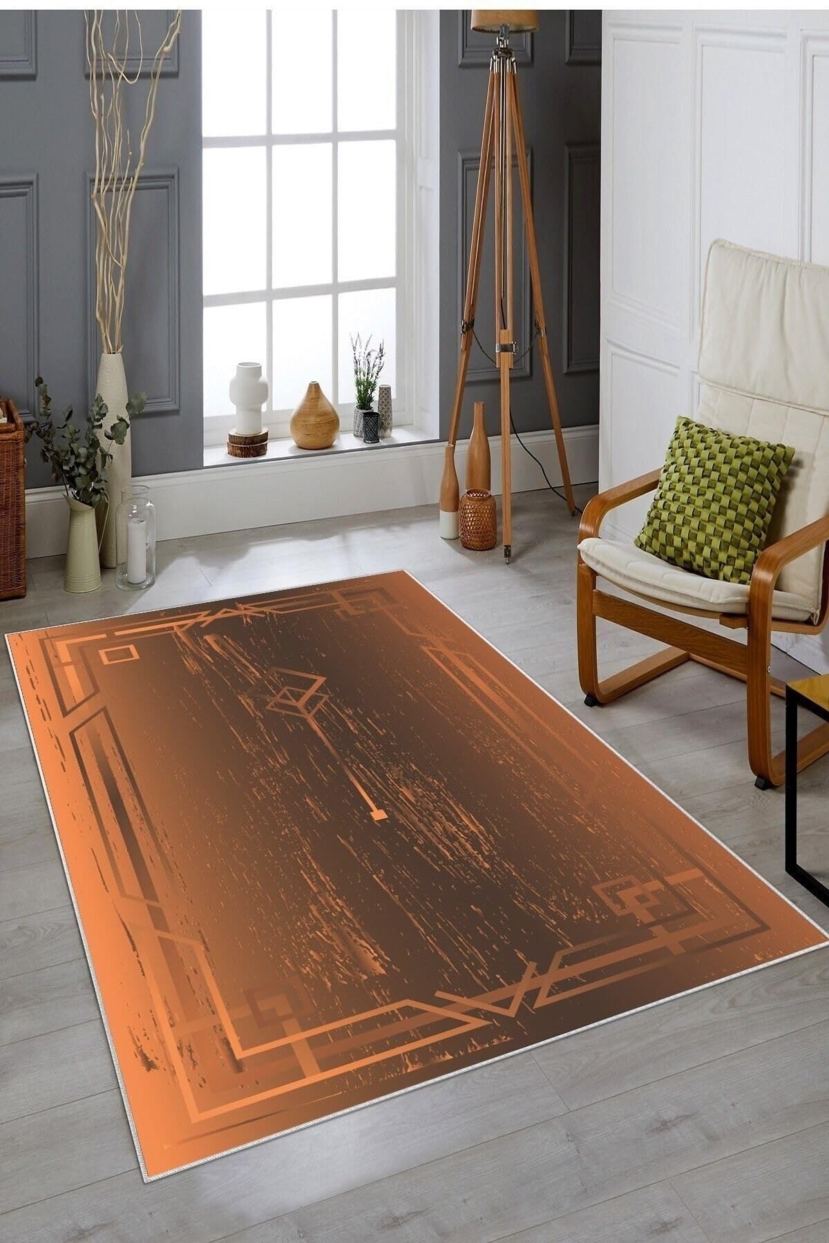 Pelangi Kırmızı Geometrik Desen Yıkanabilir Kaymaz Taban Leke Tutmaz Modern Salon Halısı Ve Yolluk, Turuncu 100 x 600, 135812310060005