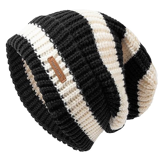 Striped Crochet Slouchy Beanie Knitted Hats for Women Men Warm Soft Stocking Skull Caps for Cold Weather