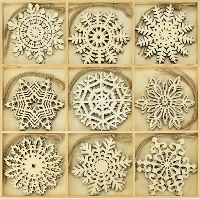 PERFETSELL 27 PCS Christmas Wooden Snowflakes Hollowed Snowflakes Embellishments Slices Christmas Tree Hanging Pendant Ornament Xmas Crafts Supplies with String Cord for Christmas Decoration Craft
