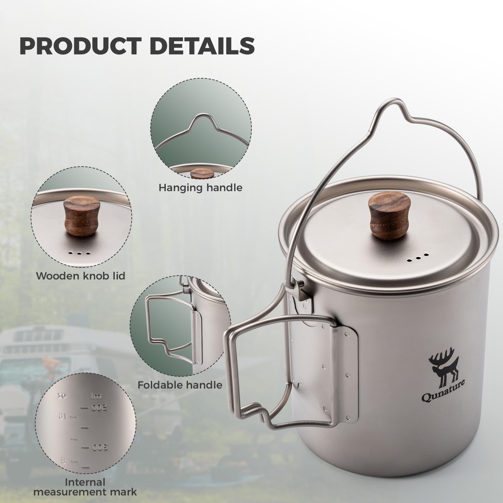 Kubek Tytanowy 750 ml z Pokrywką i Składanymi Uchwytami, Lekki Kubek Turystyczny do Gotowania i Picia, na Camping, Trekking, Bikepacking, z Pierścieniem do Zawieszania i Pokrowcem, 135 g