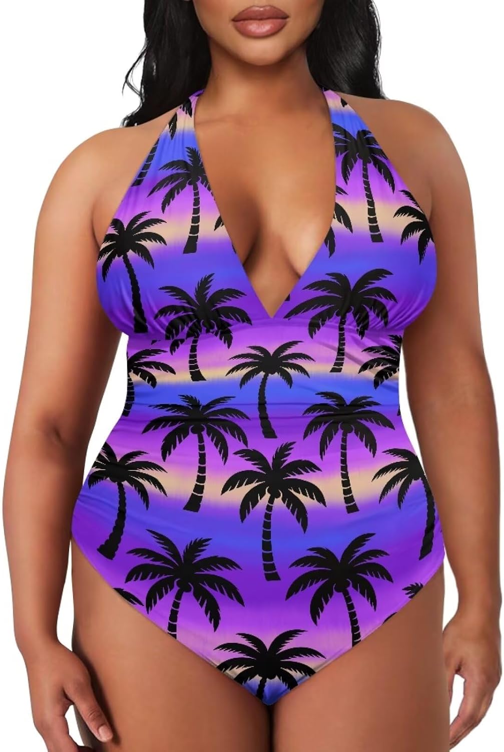 Women One Piece Swimsuit V Neck Halter Ruched Bathing Suit High Waist Tummy Control Backless Swimsuits XS-3XL - Image 6