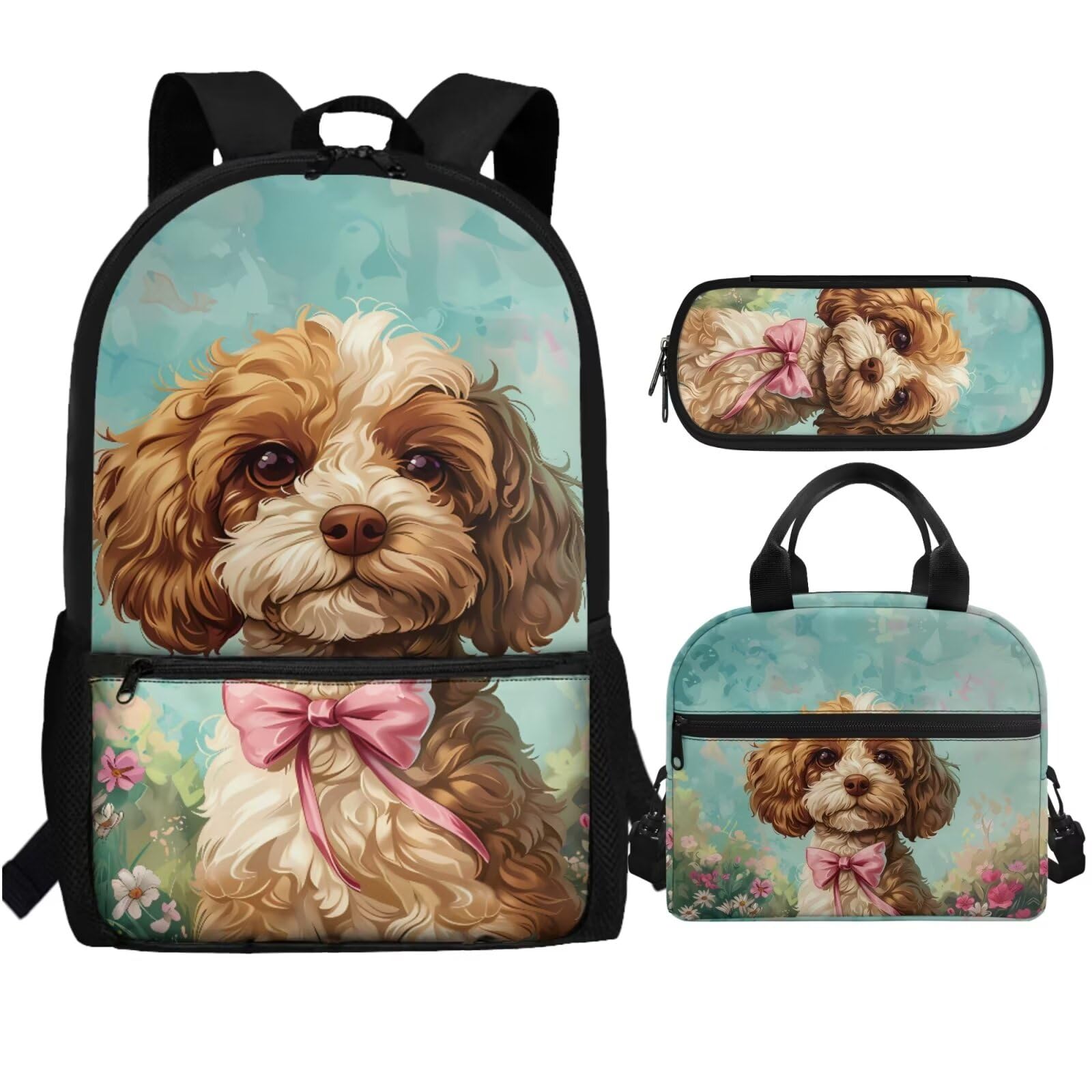 Dreaweet Girls Backpack with Lunch Box 17 inch Cute Puppy Bookbag with Lunchbox for Kids Ages 6-8/8-12 School Book Bag with Lunch Bag Combo Schoolbag Lunchbag Pencil Bag Set of 3