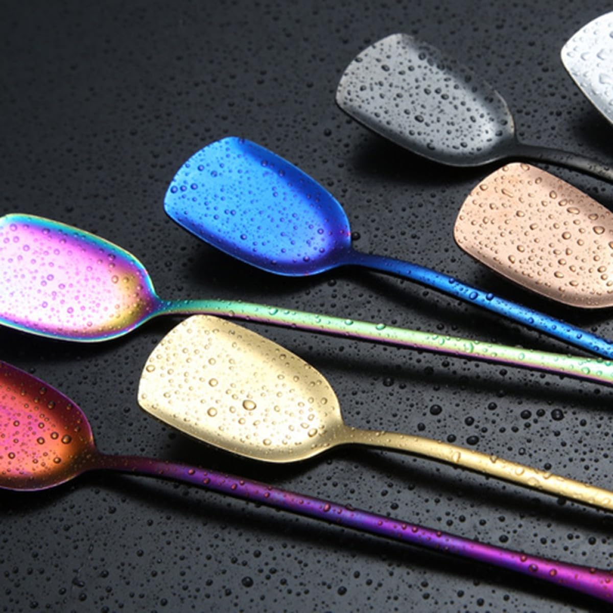 6pcs Stainless Steel Ice Cream Spoons with Long Handle, Colorful Stirring Spoons for Cocktail and Dessert, Ergonomic Design for Home and Party Use