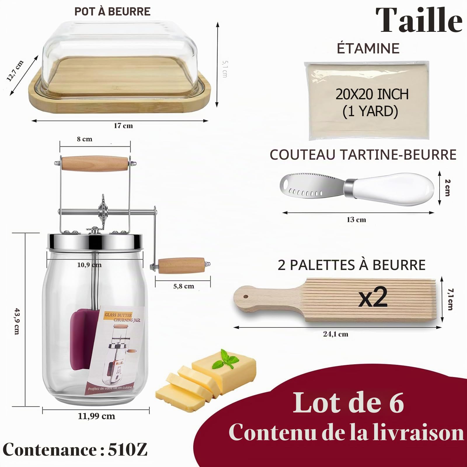 Tonneau à beurre en verre avec manivelle, 1,5 l, pour faire du beurre avec poignée en bois, engrenage en acier inoxydable, pour faire soi-même du beurre aux herbes, du beurre à l'ail (jeu de 1,5 l)