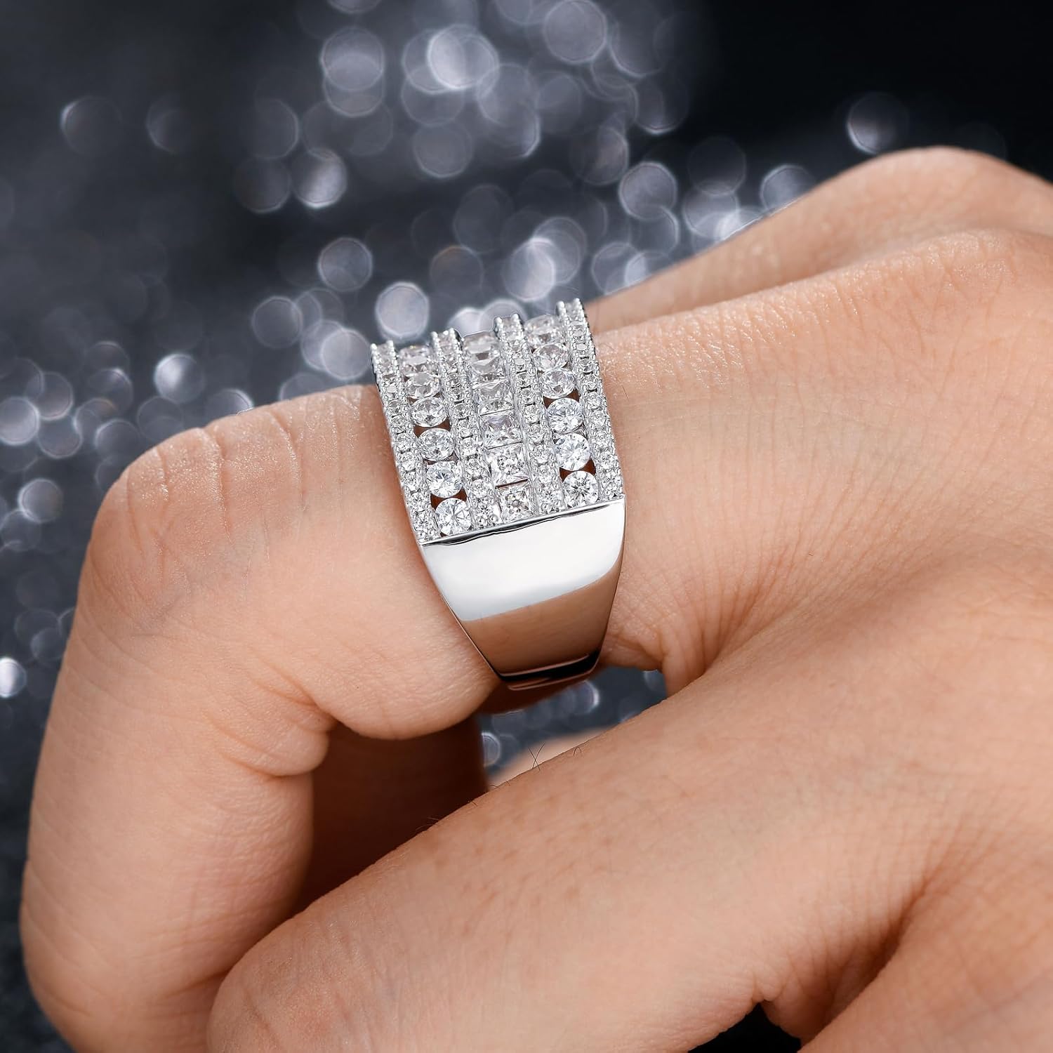 Wide Wedding Bands for Women 18K White Gold Plated 3 Row Round Princess Cut AAAAA Cubic Zirconia Eternity Stackable Fashion Cocktail Rings for women Size 5-10 - Image 6