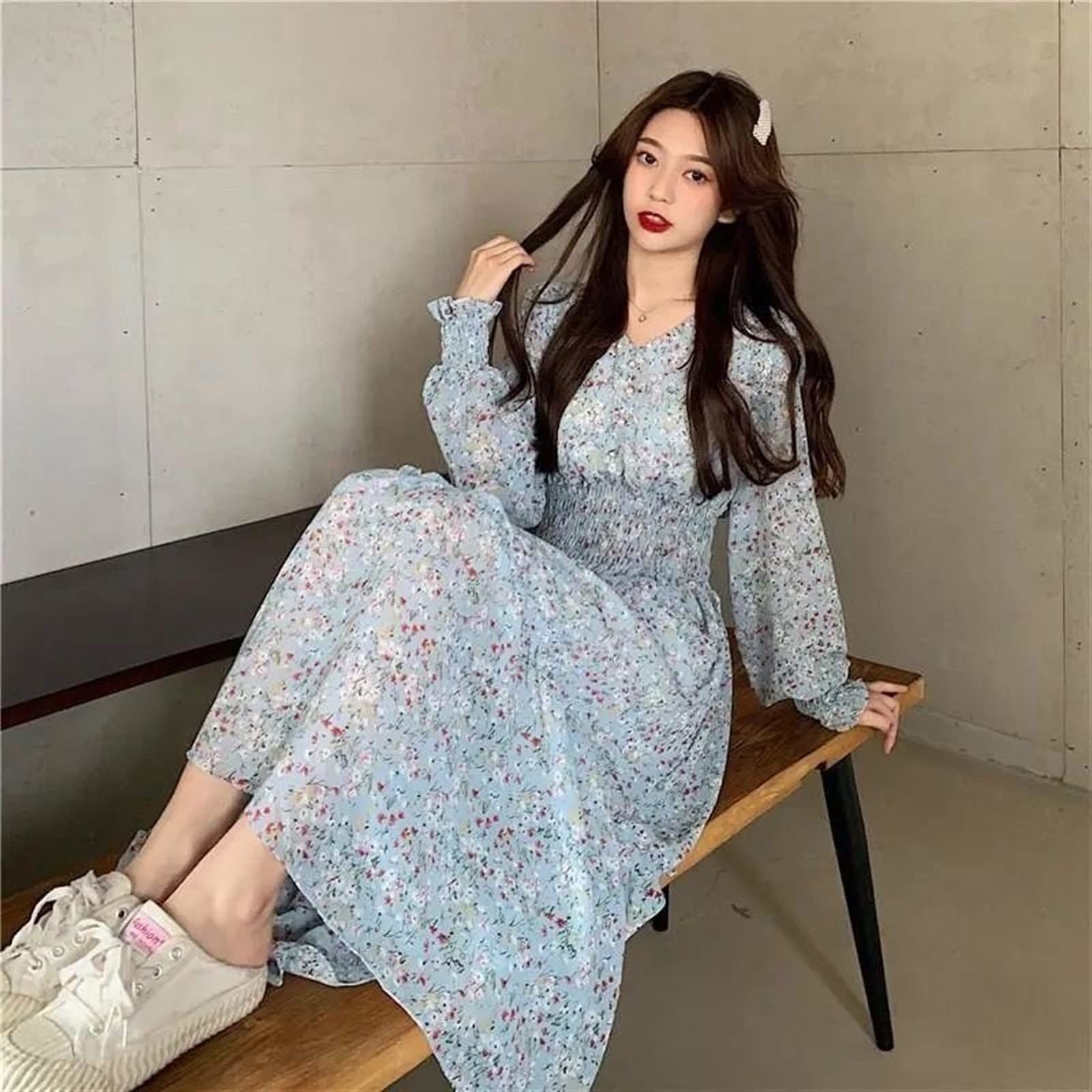 MABIBI balloon dress for women Fall New Extra Long Party Dress Women Floral Long Sleeve A-Line Dress Casual V Neck Chiffon Korean Style Light Stretch Dress (Color : Hortel , Size : L)