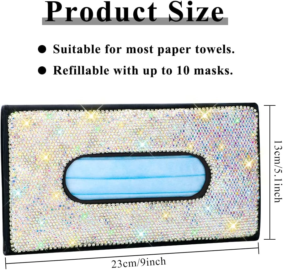 OTOSTAR Bling Bling Mask Holder for Car, Crystal Car Visor Tissue Box, Pure Handmade Diamond Auto Napkin Box Holder PU Leather Backseat Paper Towel Box with 1 Tissue Refill (AB)