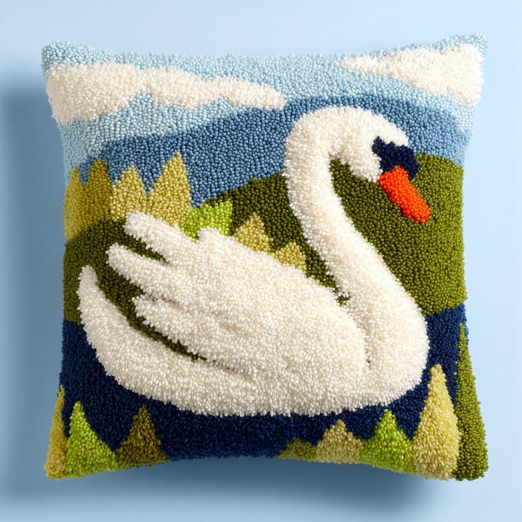 Taxpy DIY Rug Pillow Cover Latch Hook Cushion Kits, White Swan Needlework Pillow Cover Sofa Cushion Rug Making Kits,17x17inch