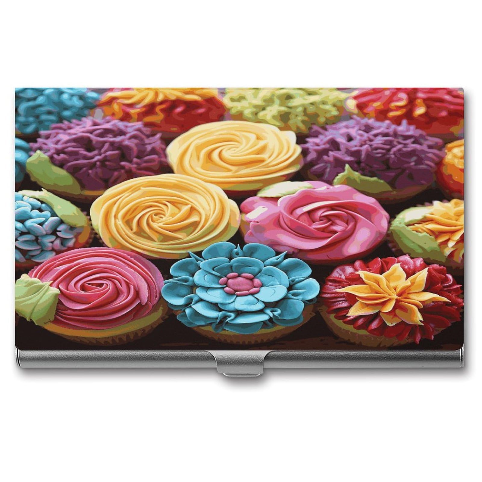 Fekiloot Men's Style Colorful Cupcakes Rainbow Flower Cake Business Card Holder For Wo Metal Slim Organizer Business Card Carrier Wallet Name Cards Holder Retro Slim Pocket Purse Small Portable Card Case