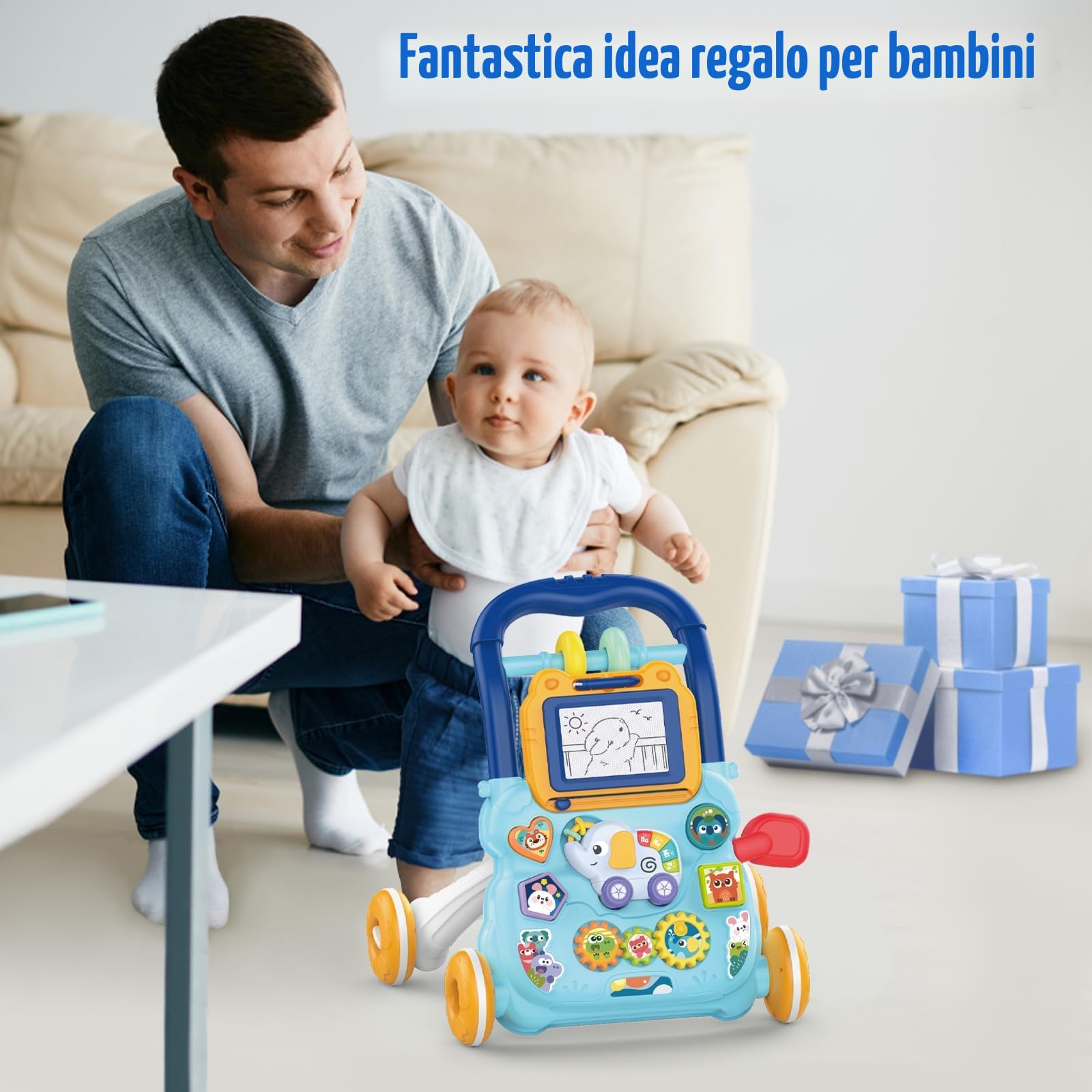 Camminatore per Bambini da Seduto a in Piedi, 2 In 1 Giocattolo a Spinta Bambini con Musica e Lavagna da Disegno, Centro di Attività Educativa Precoce Multifunzionale per Neonati 12M+ (Blu)