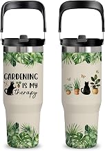 Garden Gifts for Plant Lovers - 30oz Insulated Stainless Steel Tumbler with Handle, Cute Leak-Proof Water Bottle for Cat Lovers Gardeners, Gardening is my therapy, Gifts for Gardening Days