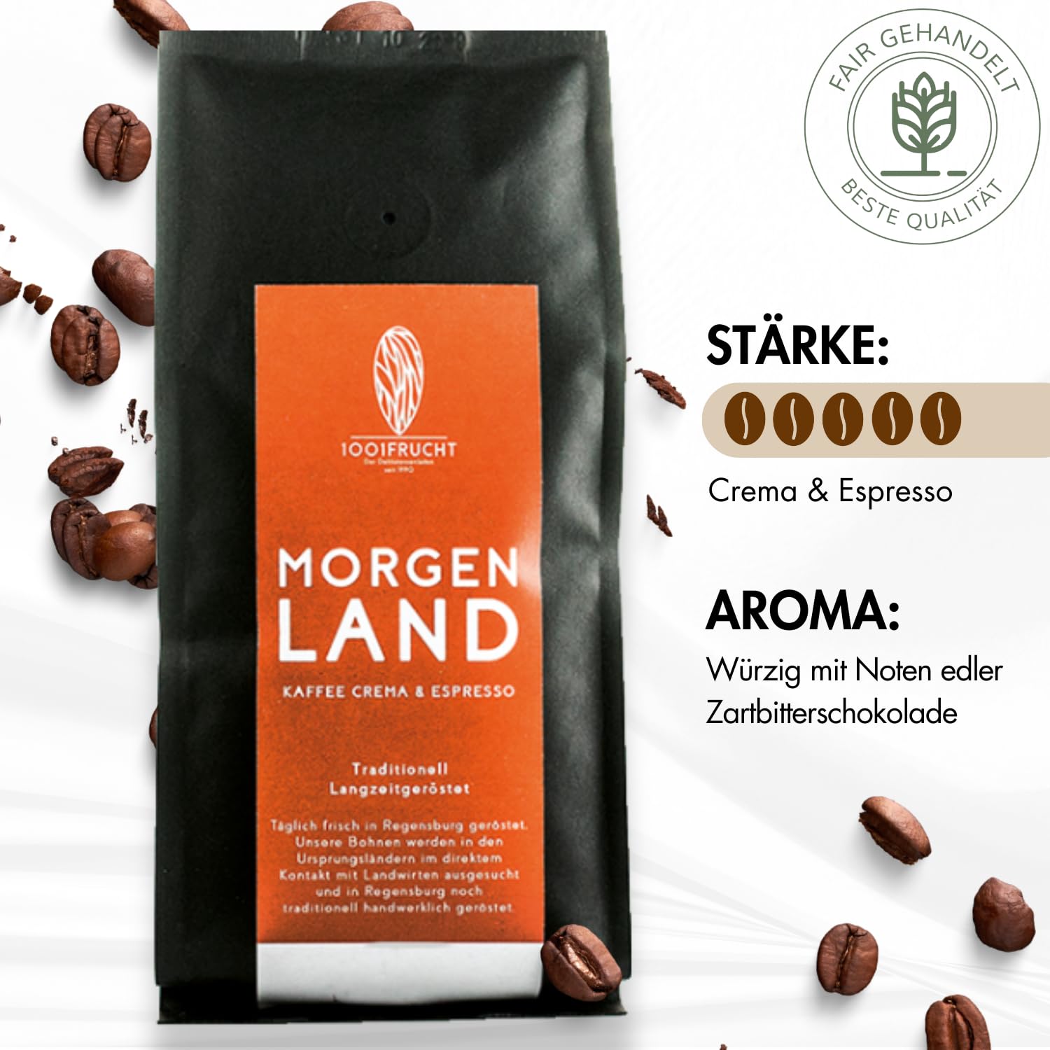 1001 Frucht - Kaffee Crema & Espresso - MORGENLAND - Barista Kaffee -Espressobohnen - Arabica - Arabicabohnen - geröstete Kaffeebohnen - 1kg