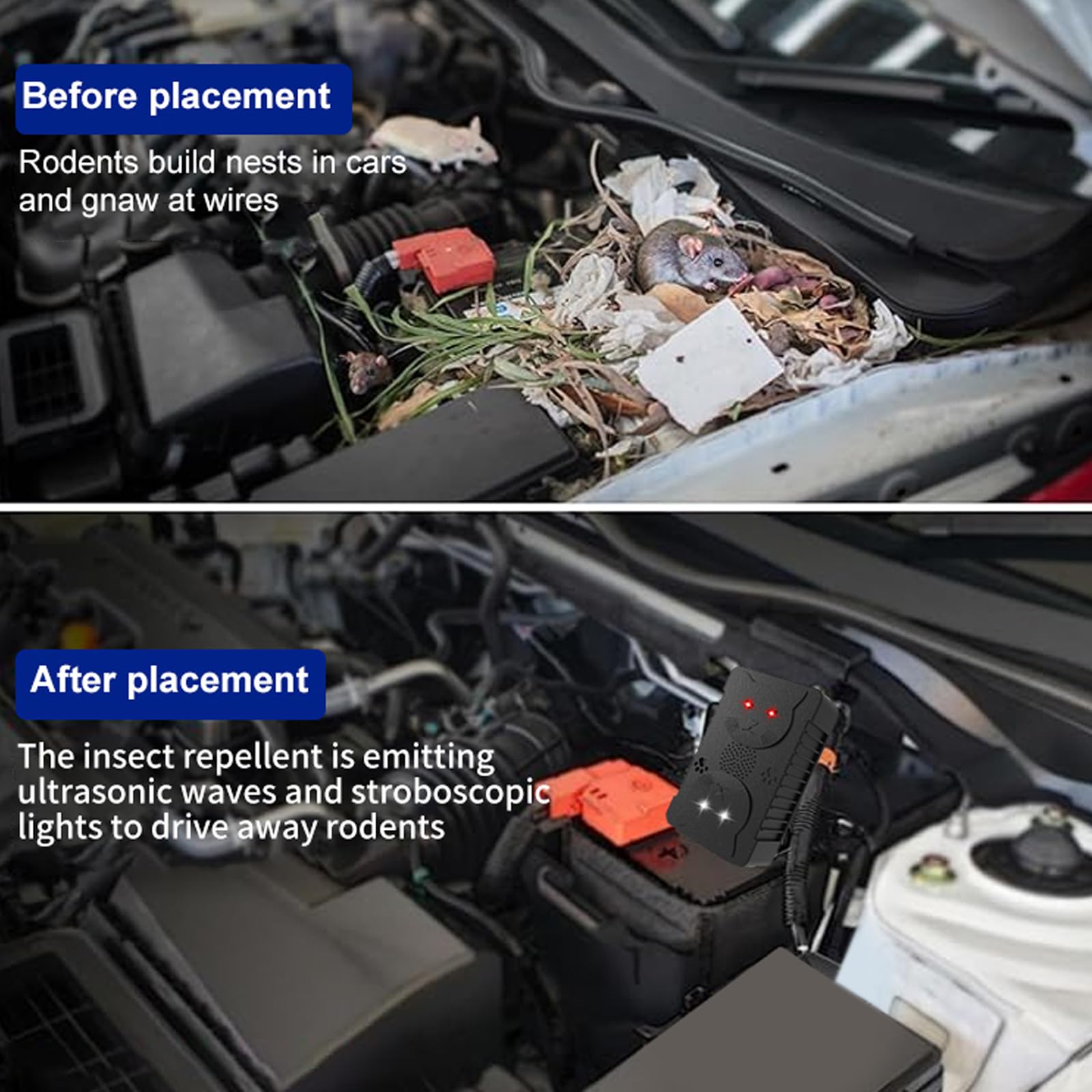 Marderschreck Auto Batteriebetrieben, Marderabwehr Ultraschall mit LED Blitzlichter Anti Gewöhnungseffekt, Marderschutz mit 12V Autobatteriekabel & USB Effektiver für Haus, Dachboden, Garten, KFZ