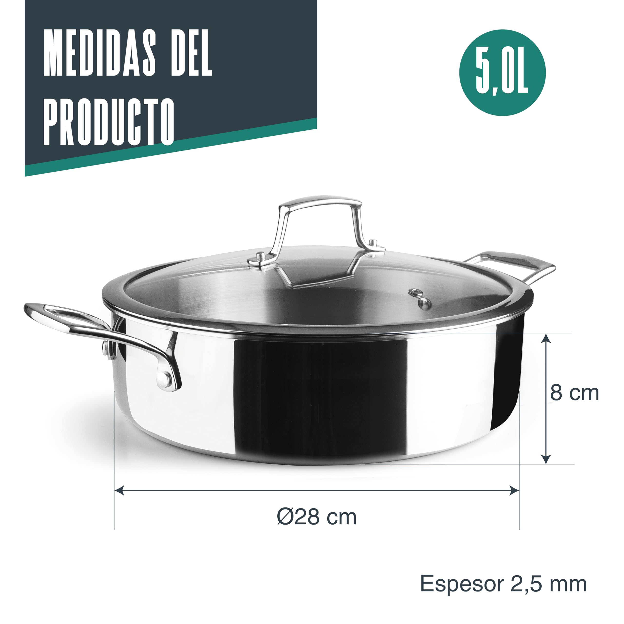 Lacor 60888 - Cacerola Baja Trichef, 5 L, 28 cm, Tricapa de Acero | En acero inox 18/10, para guisos y cocciones uniformes; apto para inducción y horno, apto para lavavajillas, de gran utilidad