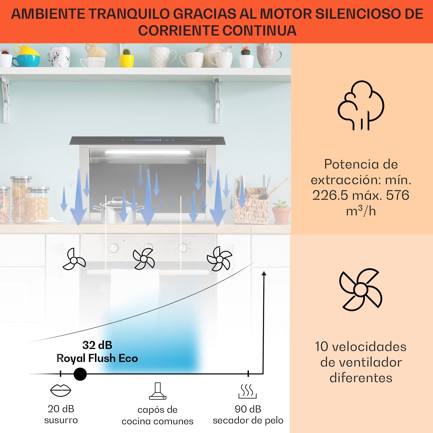 Klarstein Campana Extractora 60 cm - A++ Eficiencia Energética, 576 M³/H De Caudal De Aire, 51 dB, Touch-To-Slide, Acero Inoxidable & Vidrio, Iluminación Led, Diseño Retráctil, Extractor Cocina