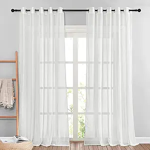 NICETOWN Semi Sheer White Linen Curtains 96 inches Long 2 Panels, Grommet Linen Blend Elegant Vertical Drapes with Light Filtering Window Curtains for Farmhouse/Living Room, W62 x L96