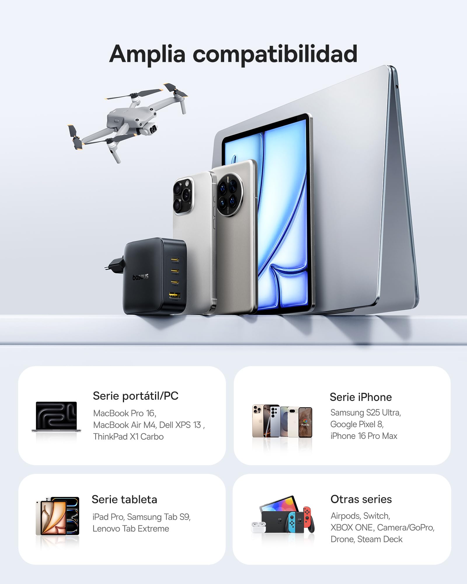Baseus Enerfill Cargador USB C 140W, 4 Puertos USB C, PD con PPS, GAN Cargador Rápido Compatible con MacBook Pro/Air, iPad Pro, iPhone 17/16/15/14/13 Seire, Galaxy S25/24, Pixel 9 8, Steam Deck