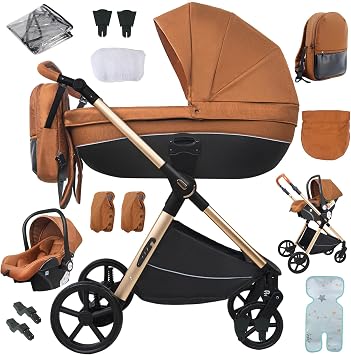 Nine point nine 3 in 1 Pushchair Pram Travel System, 3 in 1 Baby Stroller with One-Click Folding, Toddler Buggy Reversible Two Pushing Modes, Newborn Infant Carriage Aluminum Frame V7 Caramel