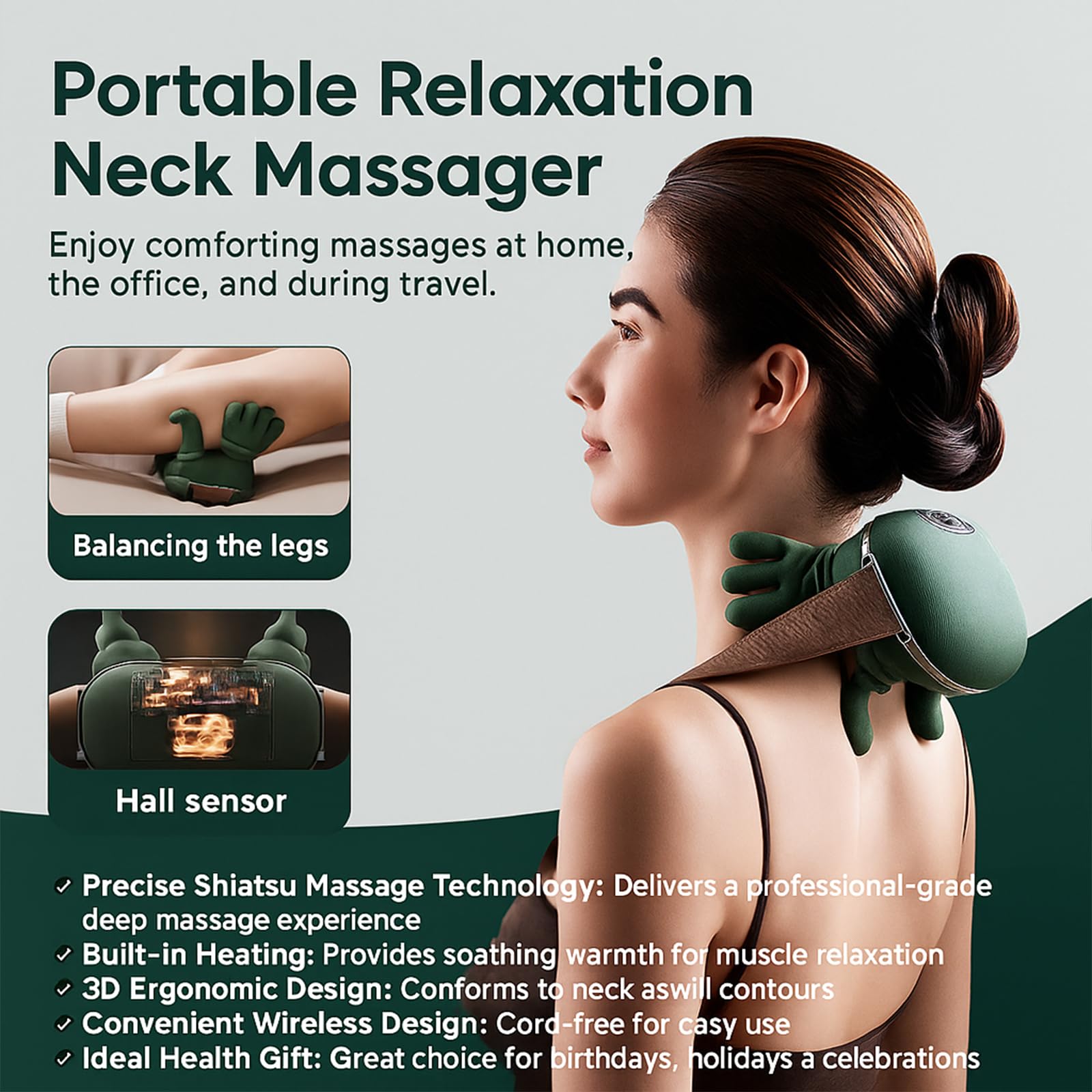 Woman wearing the N7 Master massager on her neck, highlighting the Hall sensor technology