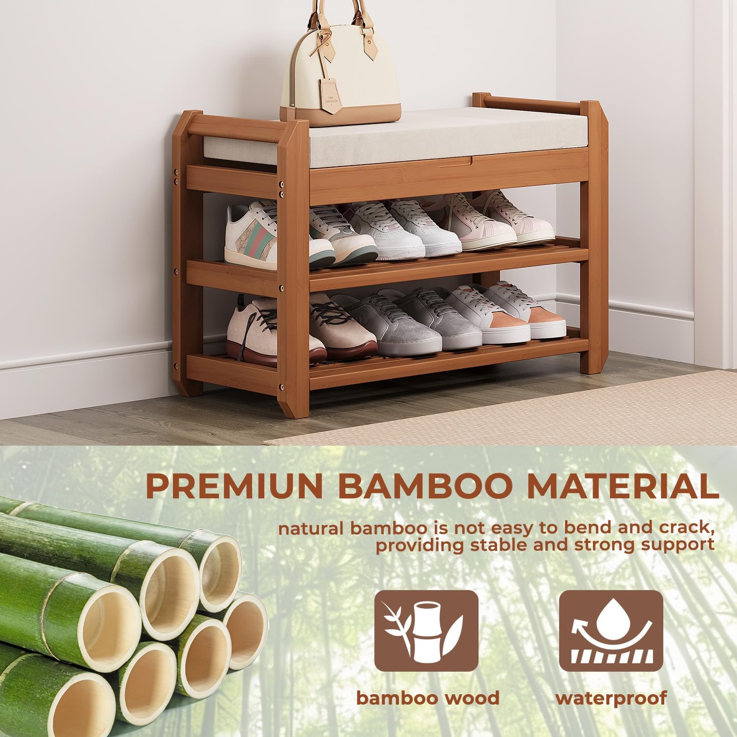 27.6" Bamboo Shoe Bench with Cushion, 2-Tier Storage Bench for Entryway, Heavy Duty Shoe Rack Organizer with Removable Soft Cushion for Living Room Bedroom Hallway