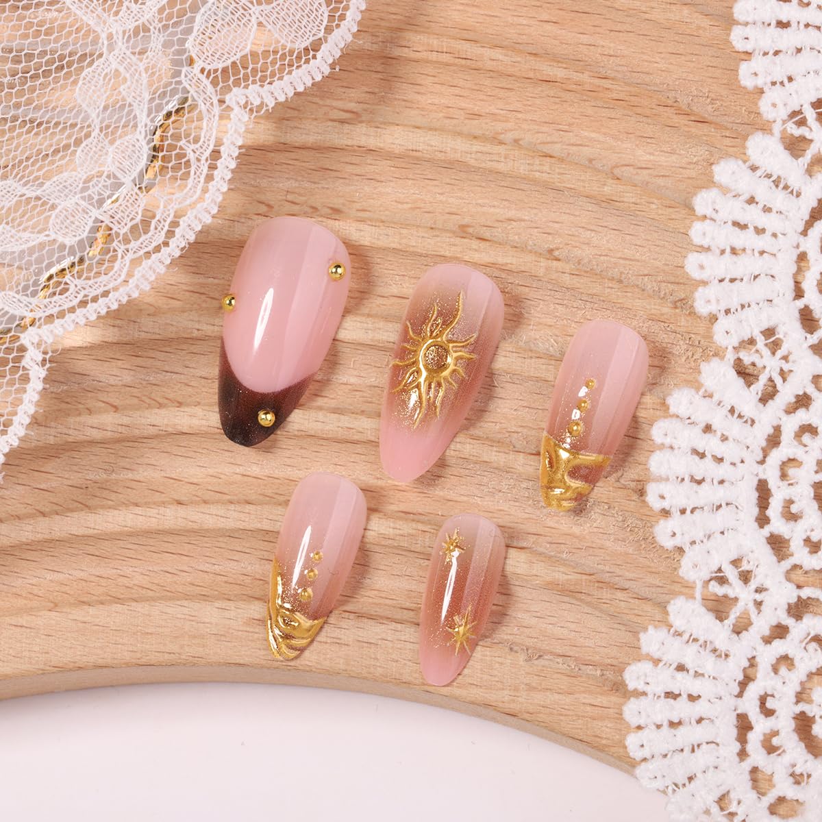 24Pcs Medium Press on Nails Almond Spring Fake Nails Press ons yefiuo False Nails Glue on Nails with Rhinestone Glitter Gilded Starburst Design Nail Tips Kit Full Cover Stick on Nails for Women Girls