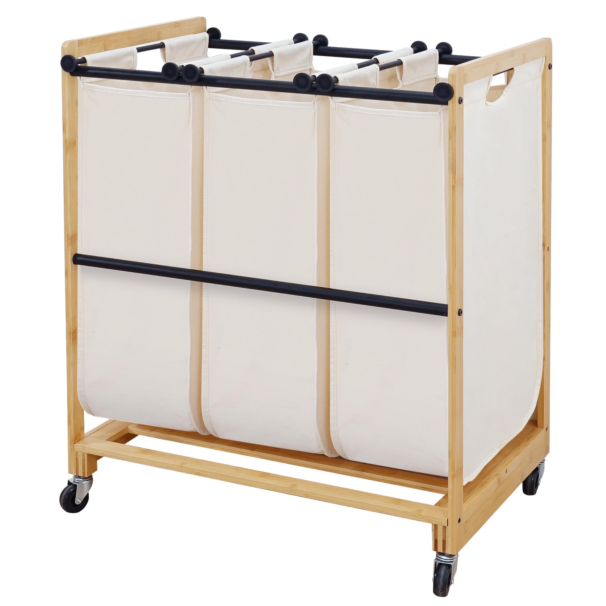 STO STO Laundry Sorter 3 Section with Bamboo Frame, 3 Bag Laundry Hamper, Rolling Laundry Cart Basket with Lockable Wheels and Removable Bag for Clothes Storage in Laundry Room and Bedroom, Beige