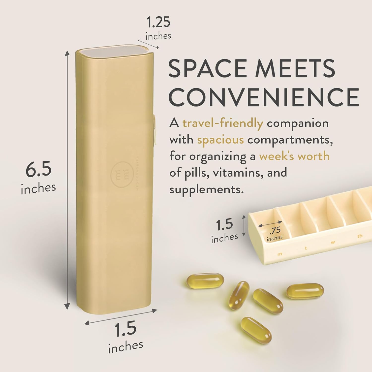 Mimi Medcessories - Pretty Pill Box Set - Stylish, Compact Daily Pill Organizer, Medication Pill Case, Pill Container for Vitamin Management, Pill Holder, Travel Essentials for Women & Men - Champagne