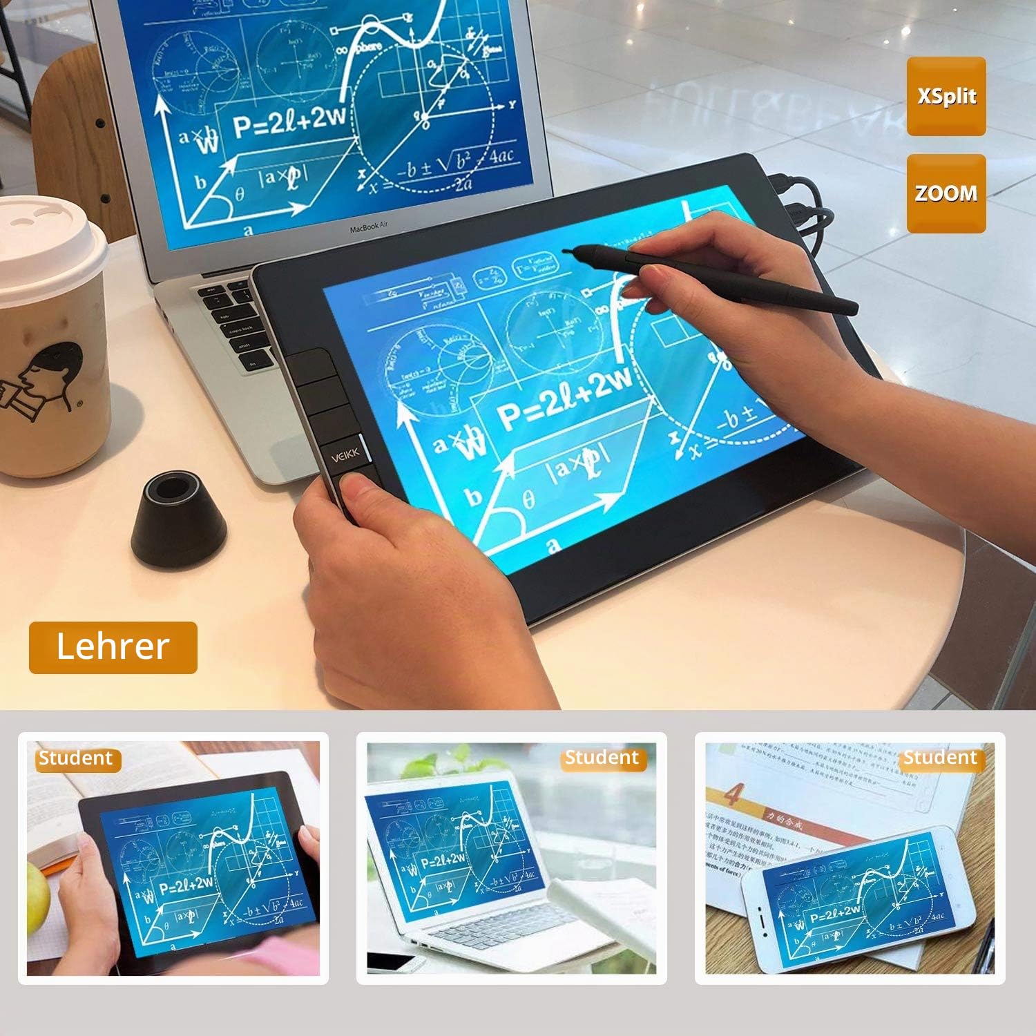 VEIKK Grafiktablett mit Display, VK1200 FHD IPS 11,6 Zoll Grafiktabletts mit 100% sRGB Bildschirm, 6 Shortcut-Tasten und 8192 Stufen Batterie-freiem Stylus, Kompatibel mit Linux/Windows/Mac