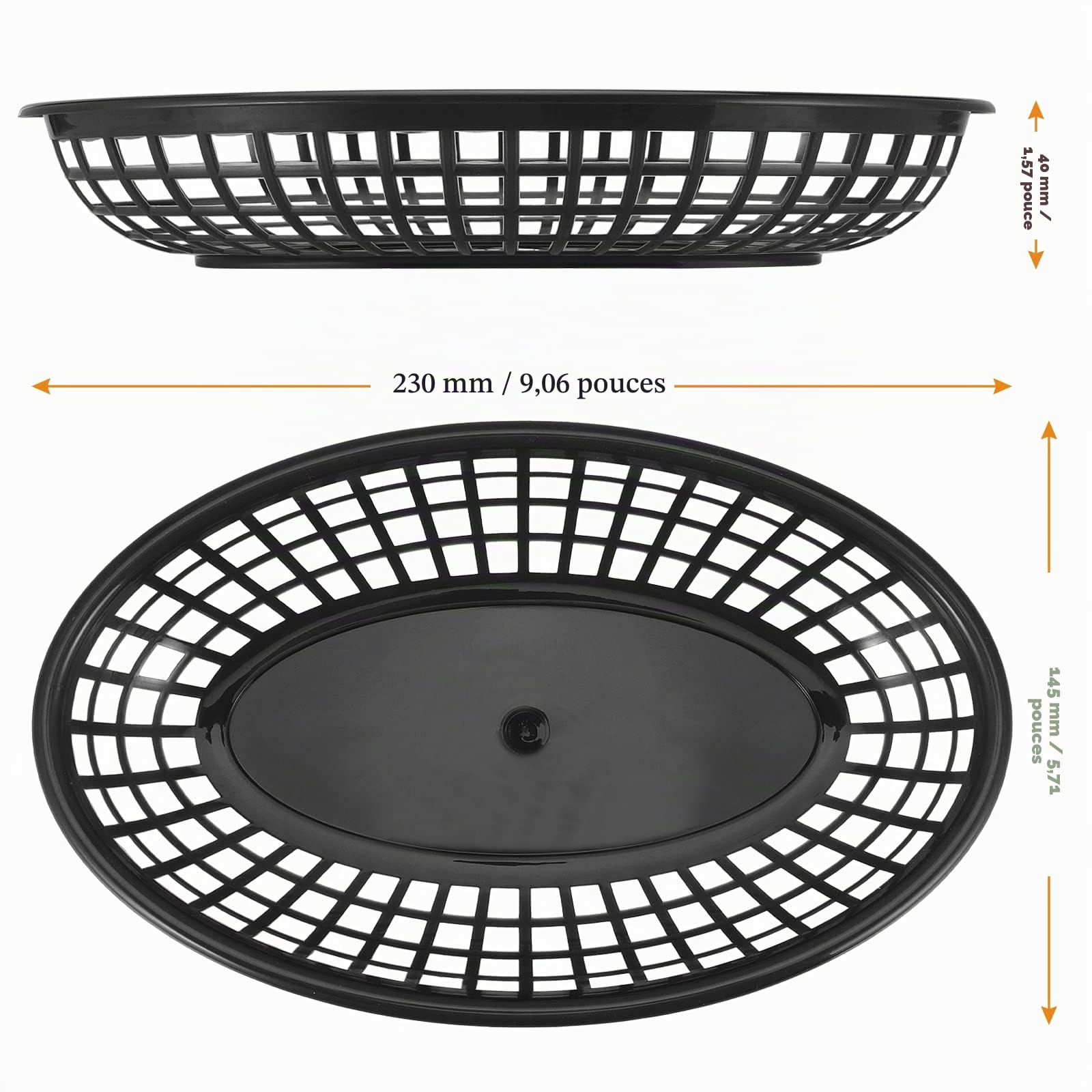 MUKCHAP Lot de 60 paniers de restauration rapide ovales classique en plastique noir, food pankets fries burger paniers, 23 x 14,5 x 4 cm