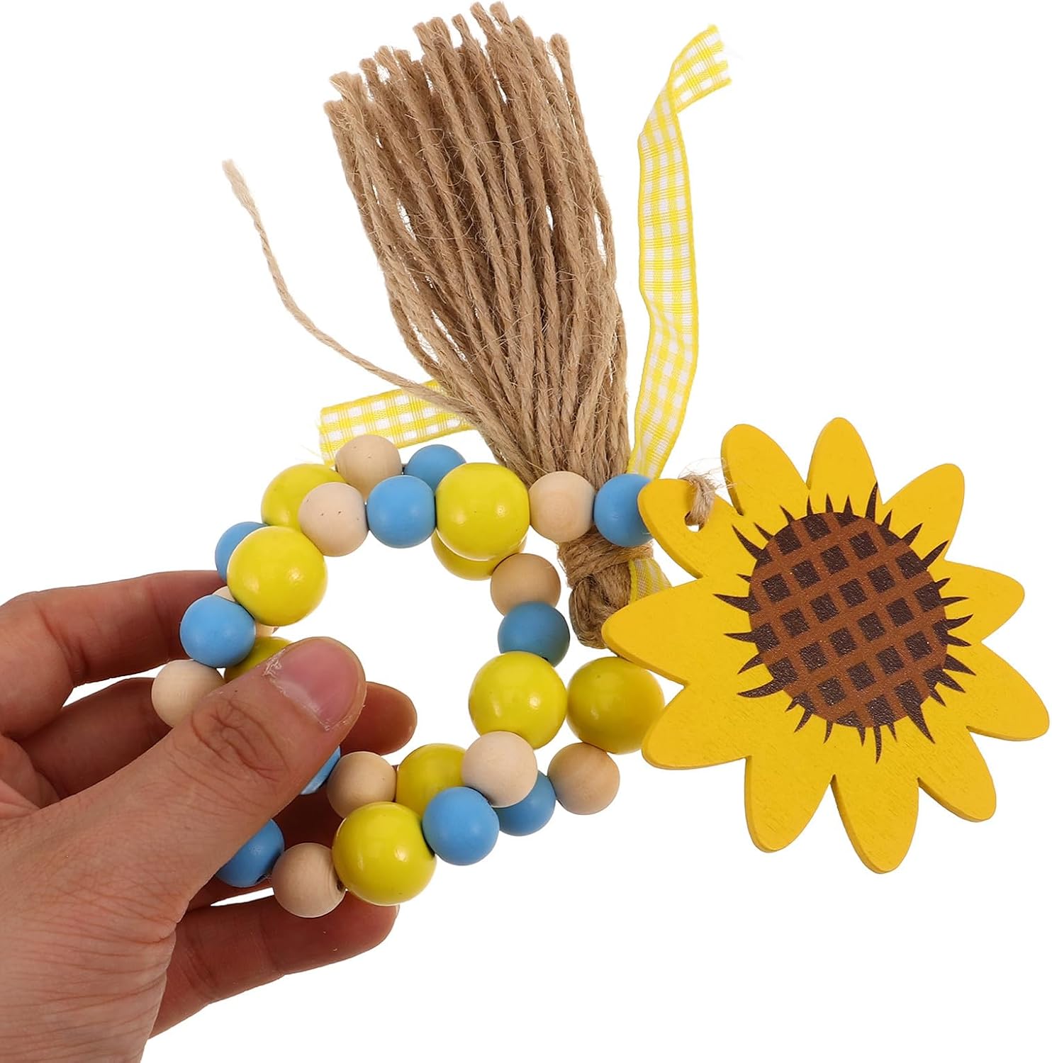BETOOKY Wooden Bead Garland with Tassels and Sunflower Pendant, Insect Theme Hanging Ornament, Natural Jute Rope DIY Home Decor for Farmhouse Tiered Tray and Housewarming