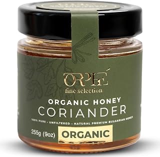 Orphé Raw Organic Honey, Creamed Coriander Honey - 9oz Premium Glass Jar | Harvested in Bulgaria, Unheated, Unfiltered, Unpasteurized, Smooth & Spreadable, Sweetener for Coffee, Tea, Matcha, Breakfast