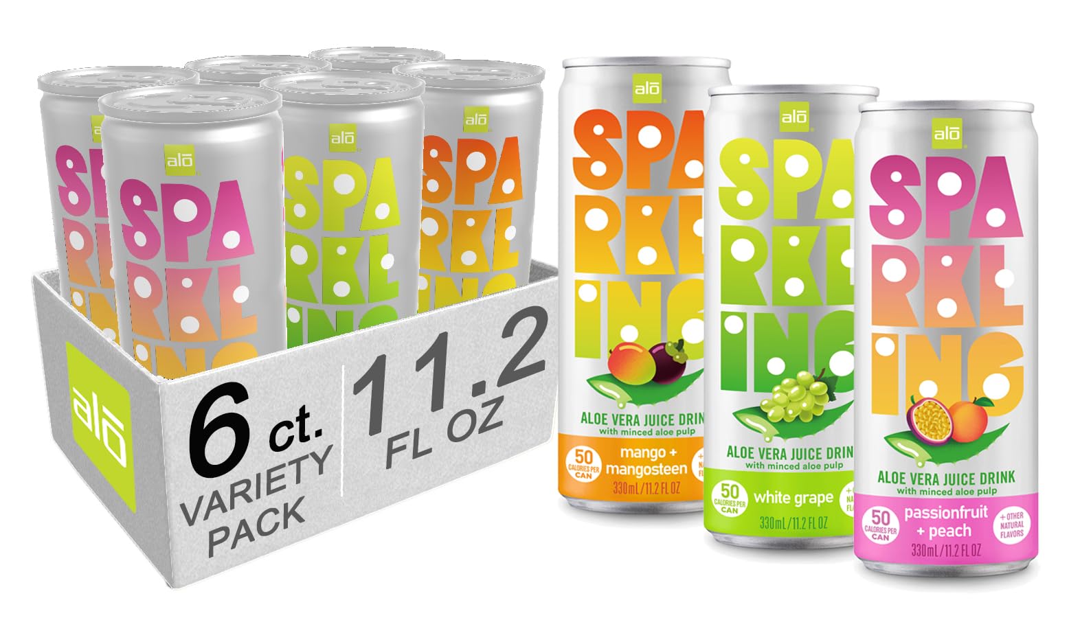 ALO Sparkling Aloe Vera Juice Drink | 11.2 fl oz, Pack of 6 | 3-Flavor Variety Pack | Passion Fruit & Peach, White Grape, Mango & Mangosteen