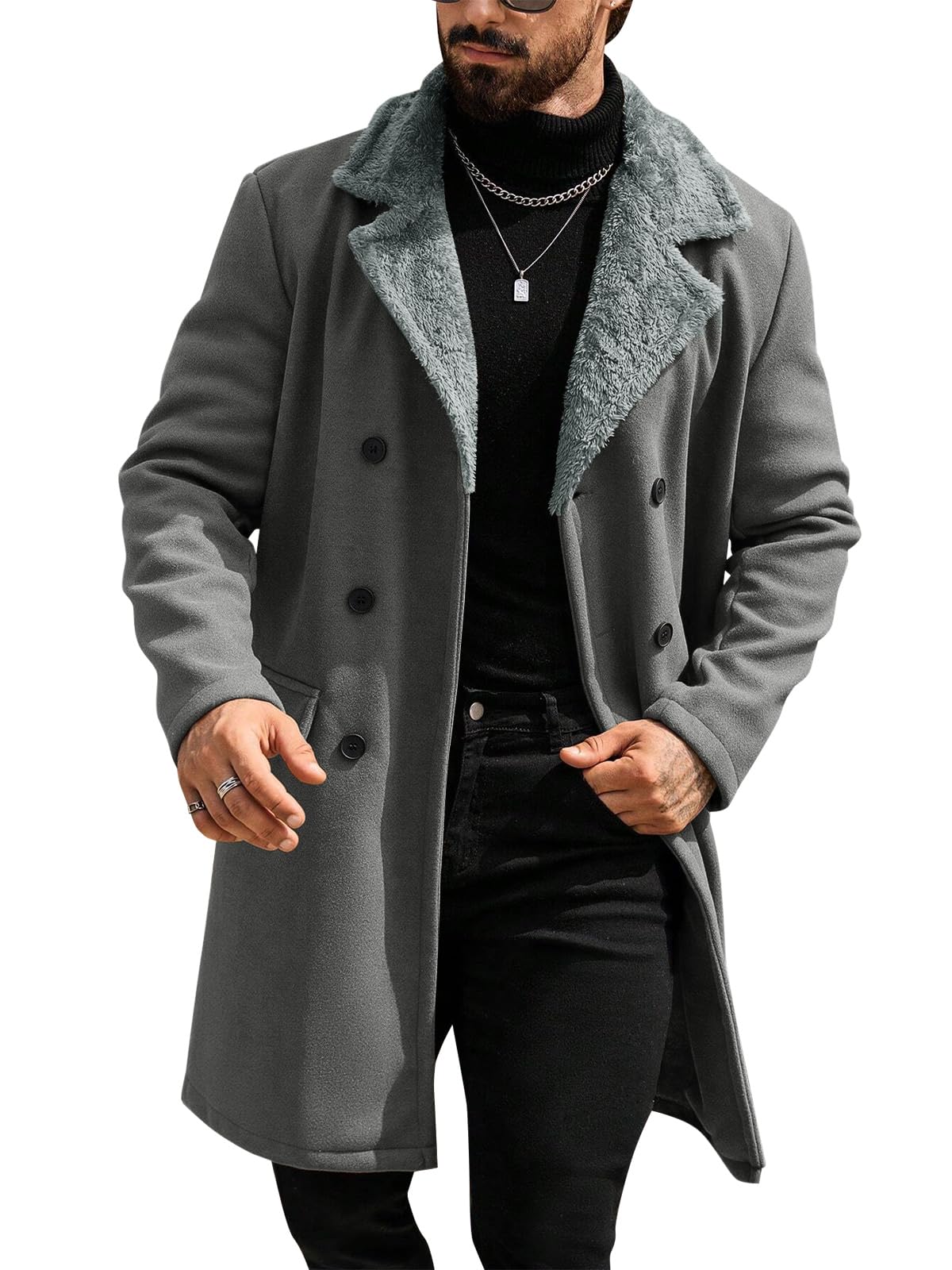 Runcati Mens Trench Coat Fleece Jacket Fall Winter Fuzzy Pea Coats Overcoat
