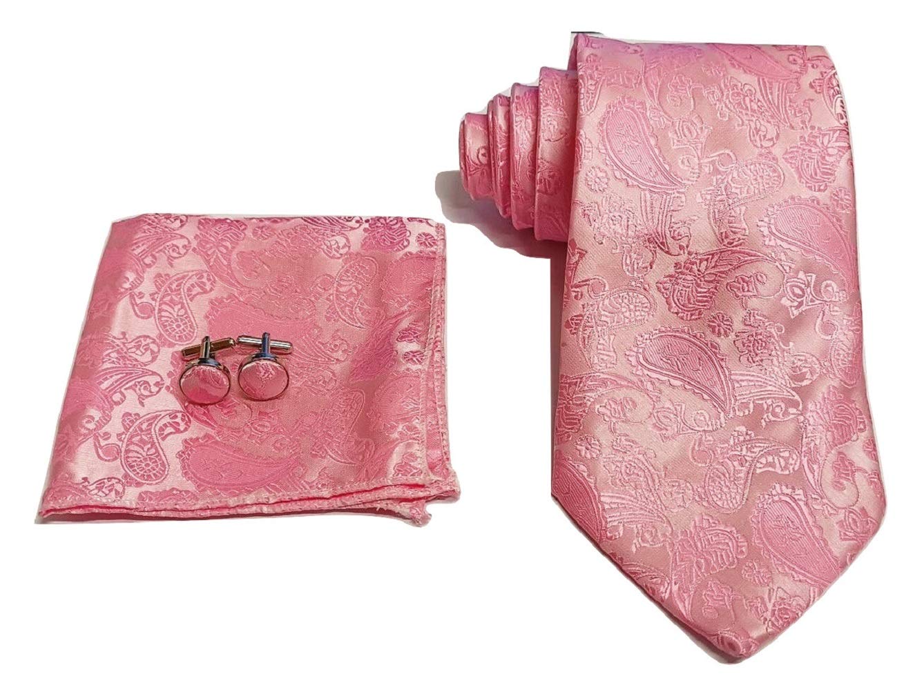 L&L® Woven Paisley Jacquard Silk Tie Set Cufflinks and Handkerchief Gift Set Wedding (Pink)