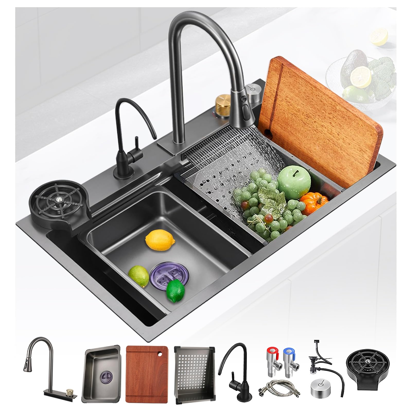 AYCDL Stainless Steel Workstation Kitchen Sink with Black Waterfall Faucet PullOut Tap Cutting Board & Full Accessories 70x50cm Single Bowl Design,Black-a-68x45cm