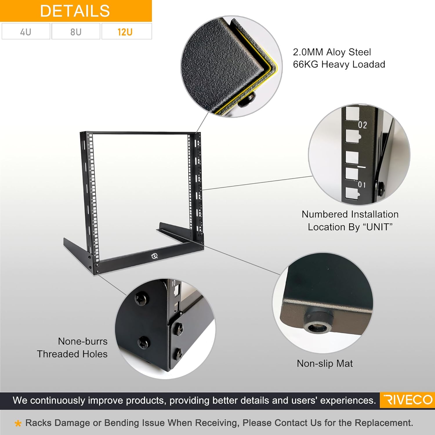 RIVECO 12U Desktop Rack for Audio & Network Devices 19 Inch 2 Post Open Frame Shelf with Reinforced Beam, Free Standing Tabletop Racks for IT Server Sound AV Music Recording Equipment - Image 2