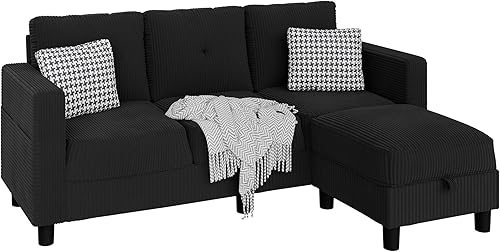 Vista 7 de JAMFLY Convertible Sectional Couches for Living Room, L-Shaped Couch 3 Seat Sectional Sofa Set with Corduroy Fabric and Movable Ottoman Small Couch