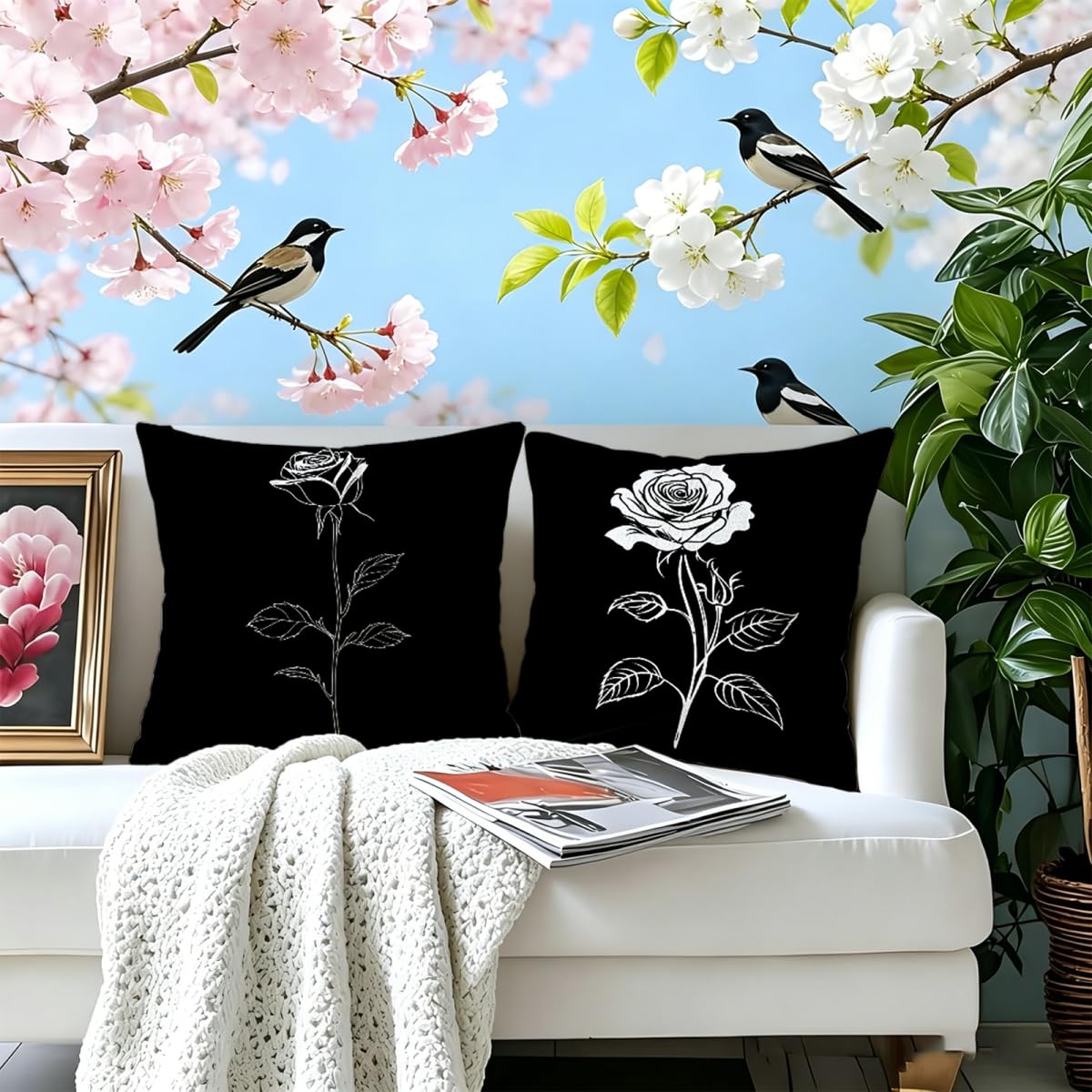 Kissenbezug 65x65cm Outdoor Kissen 2er Set Schwarz Blume Samt Dekokissen